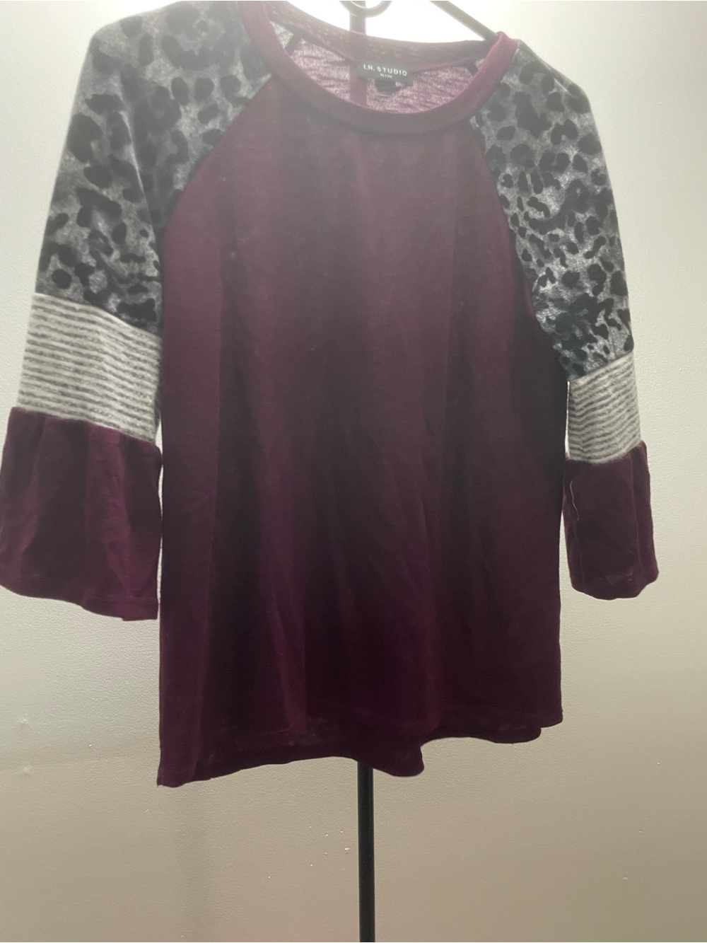 I.N. Studio Maroon Raglan Top with Leopard and Stripe Sleeves
